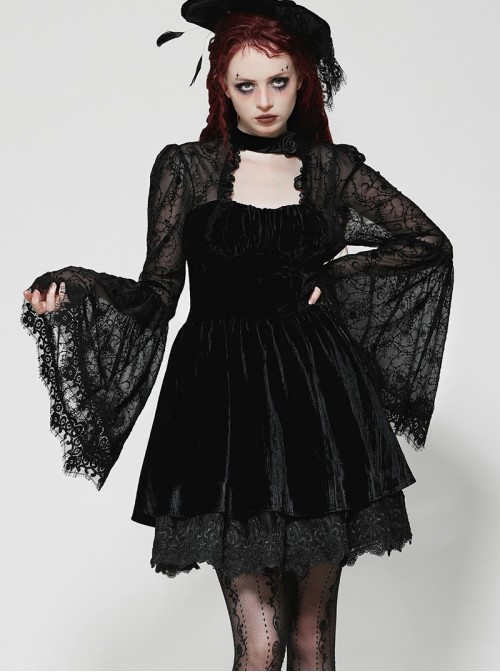 Black Elegant Velvet Exquisite Dark Pattern Lace Mesh Splicing Gothic Style Long Sleeves Dress