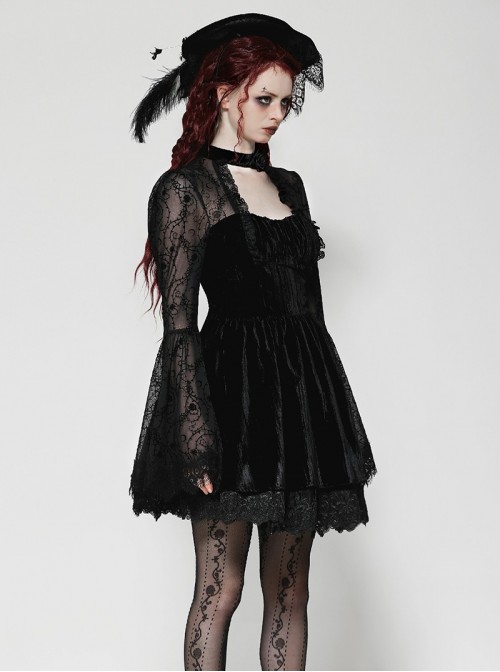 Black Elegant Velvet Exquisite Dark Pattern Lace Mesh Splicing Gothic Style Long Sleeves Dress