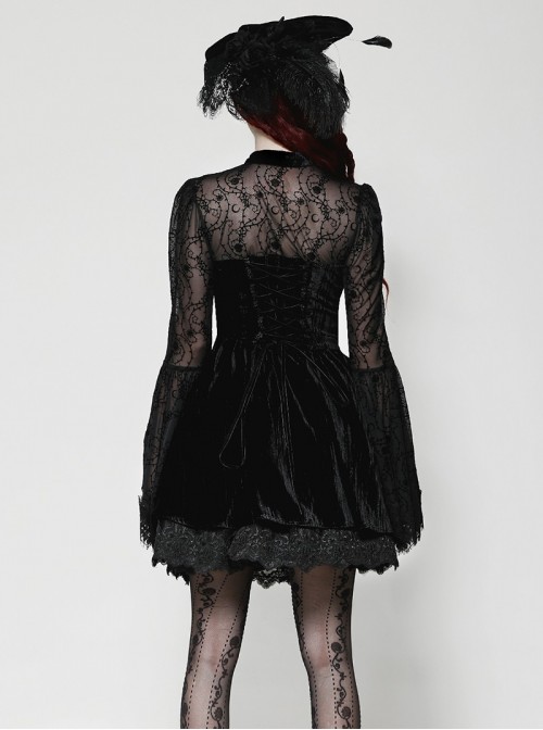 Black Elegant Velvet Exquisite Dark Pattern Lace Mesh Splicing Gothic Style Long Sleeves Dress