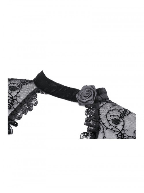 Black Elegant Velvet Exquisite Dark Pattern Lace Mesh Splicing Gothic Style Long Sleeves Dress
