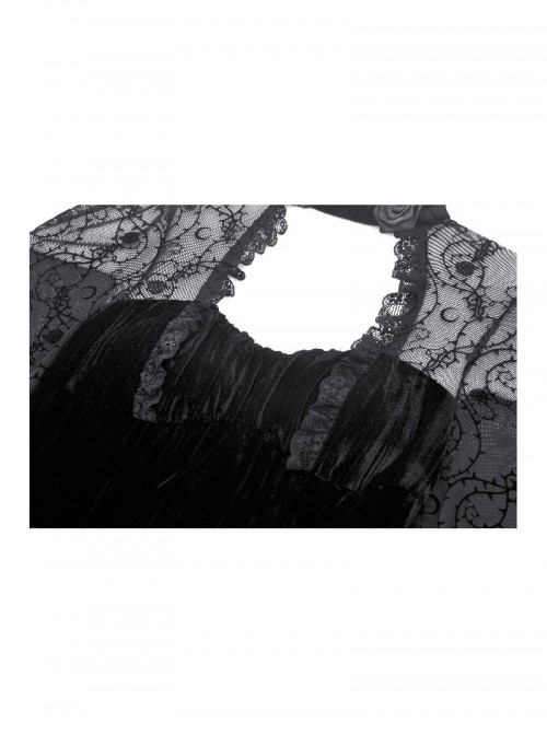 Black Elegant Velvet Exquisite Dark Pattern Lace Mesh Splicing Gothic Style Long Sleeves Dress