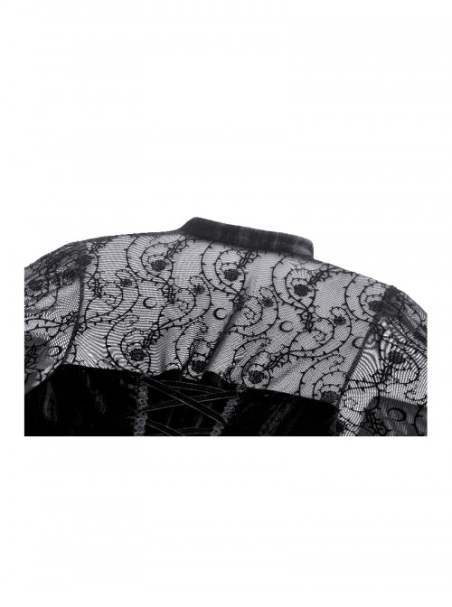Black Elegant Velvet Exquisite Dark Pattern Lace Mesh Splicing Gothic Style Long Sleeves Dress