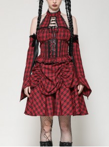 Red Black Plaid Sexy Halter Neck Off Shoulder Design Lace Splicing Gothic Style Dress