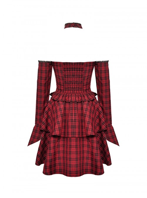 Red Black Plaid Sexy Halter Neck Off Shoulder Design Lace Splicing Gothic Style Dress