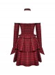 Red Black Plaid Sexy Halter Neck Off Shoulder Design Lace Splicing Gothic Style Dress