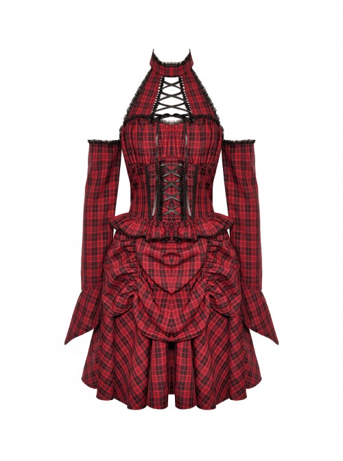 Red Black Plaid Sexy Halter Neck Off Shoulder Design Lace Splicing Gothic Style Dress