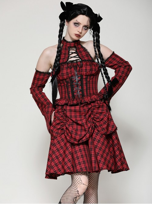 Red Black Plaid Sexy Halter Neck Off Shoulder Design Lace Splicing Gothic Style Dress