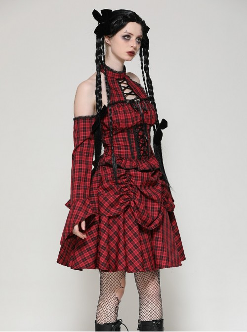 Red Black Plaid Sexy Halter Neck Off Shoulder Design Lace Splicing Gothic Style Dress