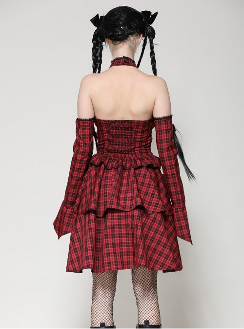 Red Black Plaid Sexy Halter Neck Off Shoulder Design Lace Splicing Gothic Style Dress