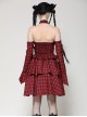 Red Black Plaid Sexy Halter Neck Off Shoulder Design Lace Splicing Gothic Style Dress