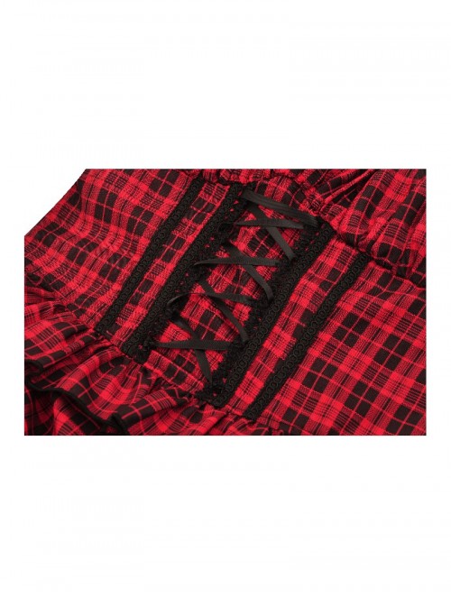 Red Black Plaid Sexy Halter Neck Off Shoulder Design Lace Splicing Gothic Style Dress