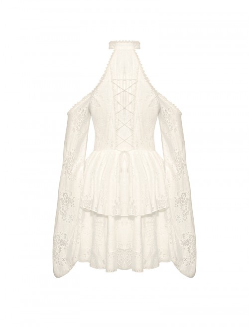 Beige Sexy Off Shoulder Halter Neck Exquisite Lace Hollow Steampunk Trumpet Sleeves Dress