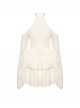Beige Sexy Off Shoulder Halter Neck Exquisite Lace Hollow Steampunk Trumpet Sleeves Dress
