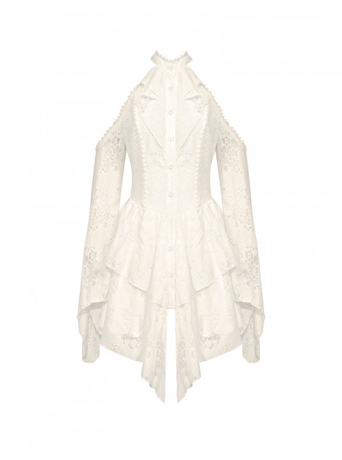 Beige Sexy Off Shoulder Halter Neck Exquisite Lace Hollow Steampunk Trumpet Sleeves Dress