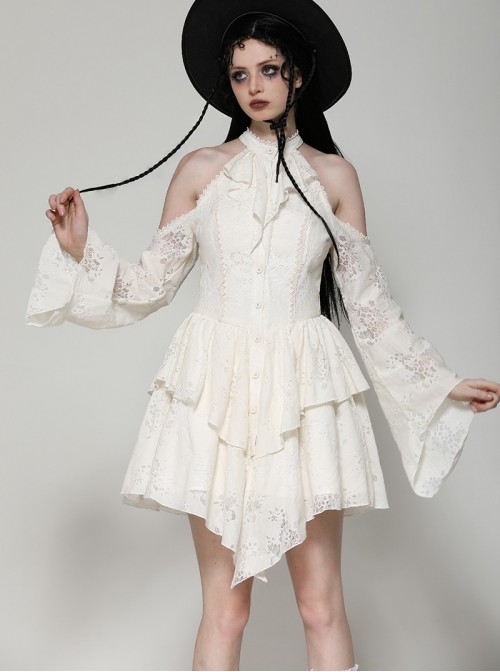 Beige Sexy Off Shoulder Halter Neck Exquisite Lace Hollow Steampunk Trumpet Sleeves Dress