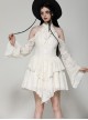Beige Sexy Off Shoulder Halter Neck Exquisite Lace Hollow Steampunk Trumpet Sleeves Dress