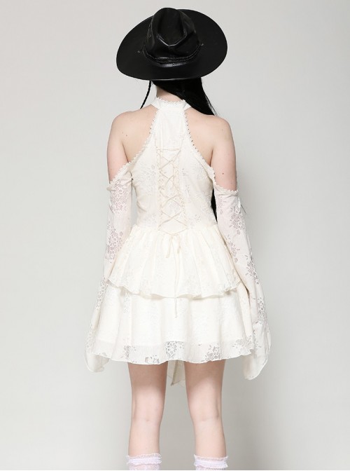 Beige Sexy Off Shoulder Halter Neck Exquisite Lace Hollow Steampunk Trumpet Sleeves Dress