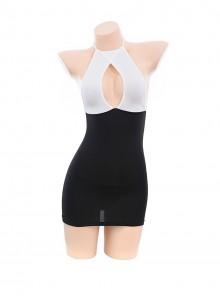 Halter Neck Binding Bands Hollowed Out Exposed Chest Secretary Style Backless Black White Hip Dress Sexy Lingerie Set