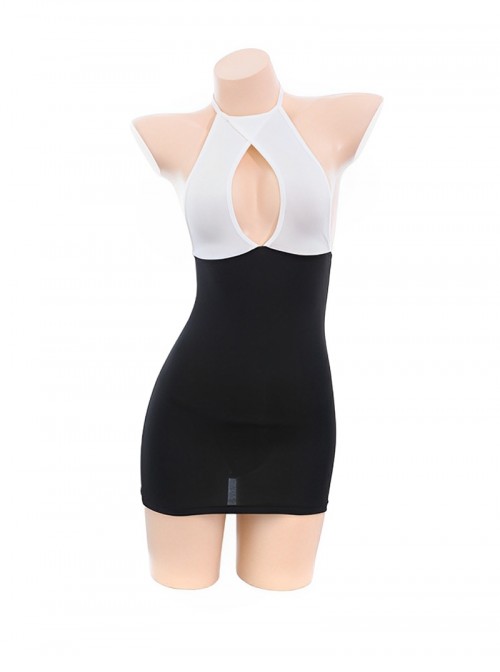Halter Neck Binding Bands Hollowed Out Exposed Chest Secretary Style Backless Black White Hip Dress Sexy Lingerie Set
