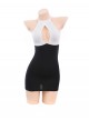 Halter Neck Binding Bands Hollowed Out Exposed Chest Secretary Style Backless Black White Hip Dress Sexy Lingerie Set
