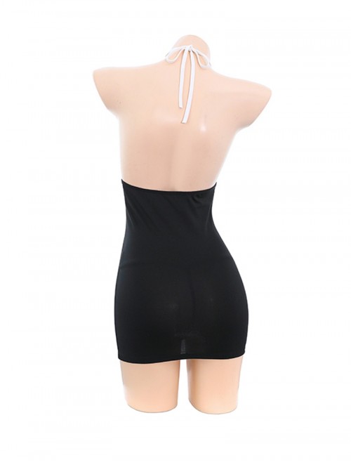 Halter Neck Binding Bands Hollowed Out Exposed Chest Secretary Style Backless Black White Hip Dress Sexy Lingerie Set