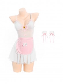 Playful Kitty Maid Cute White Backless Suspender Nightdress Pink Apron Sexy Lingerie Set