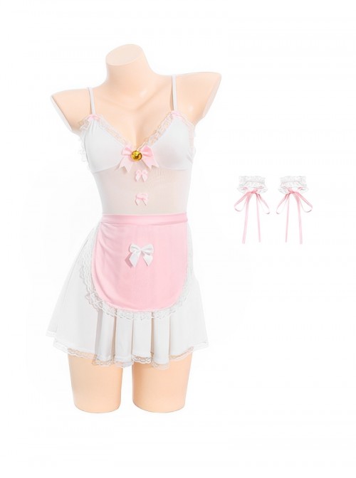 Playful Kitty Maid Cute White Backless Suspender Nightdress Pink Apron Sexy Lingerie Set