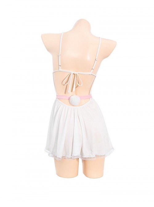 Playful Kitty Maid Cute White Backless Suspender Nightdress Pink Apron Sexy Lingerie Set