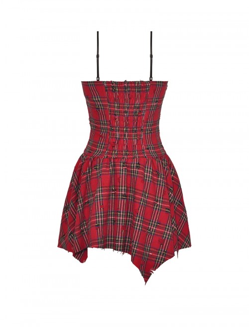 Red Christmas Feeling Old Plaid Irregular Hem Sexy Steampunk Style Suspender Dress