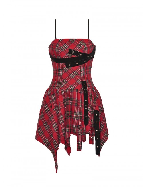 Red Christmas Feeling Old Plaid Irregular Hem Sexy Steampunk Style Suspender Dress