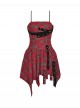 Red Christmas Feeling Old Plaid Irregular Hem Sexy Steampunk Style Suspender Dress