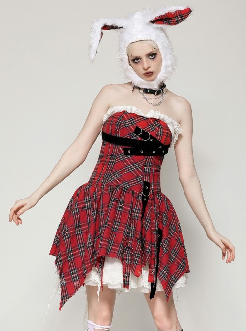 Red Christmas Feeling Old Plaid Irregular Hem Sexy Steampunk Style Suspender Dress