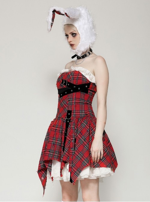 Red Christmas Feeling Old Plaid Irregular Hem Sexy Steampunk Style Suspender Dress