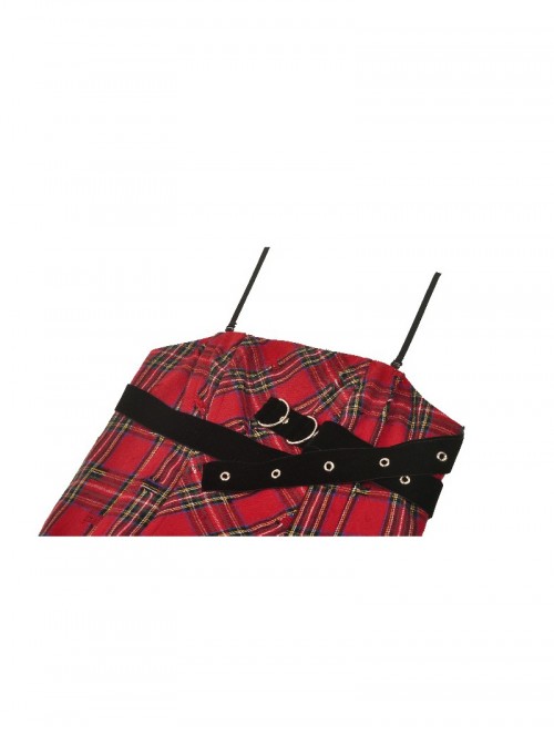 Red Christmas Feeling Old Plaid Irregular Hem Sexy Steampunk Style Suspender Dress