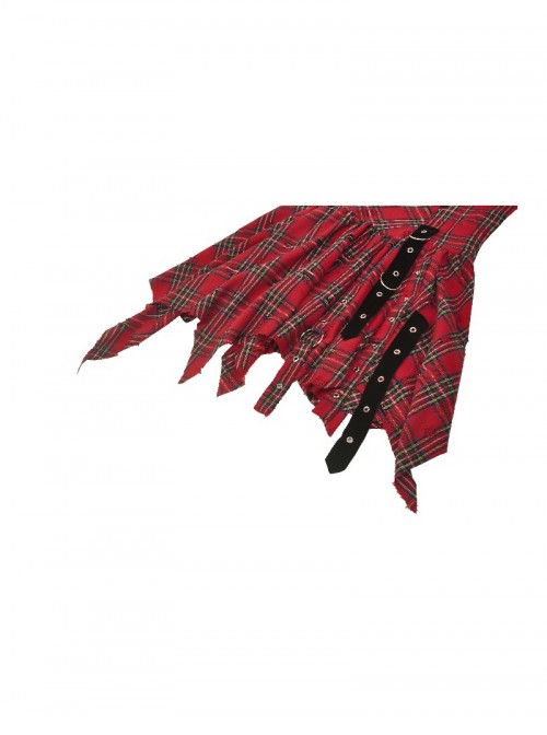 Red Christmas Feeling Old Plaid Irregular Hem Sexy Steampunk Style Suspender Dress