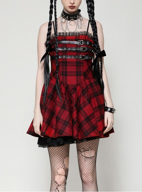 Red Cool Plaid Rock Leather Buckle Decorated Lace Splicing Steampunk Style Suspender Dress