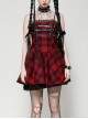 Red Cool Plaid Rock Leather Buckle Decorated Lace Splicing Steampunk Style Suspender Dress