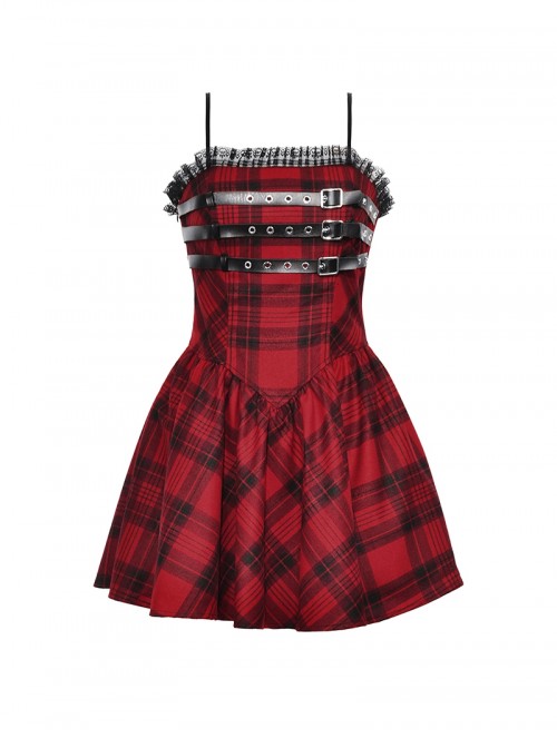 Red Cool Plaid Rock Leather Buckle Decorated Lace Splicing Steampunk Style Suspender Dress