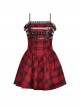 Red Cool Plaid Rock Leather Buckle Decorated Lace Splicing Steampunk Style Suspender Dress