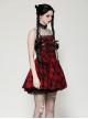 Red Cool Plaid Rock Leather Buckle Decorated Lace Splicing Steampunk Style Suspender Dress