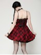 Red Cool Plaid Rock Leather Buckle Decorated Lace Splicing Steampunk Style Suspender Dress