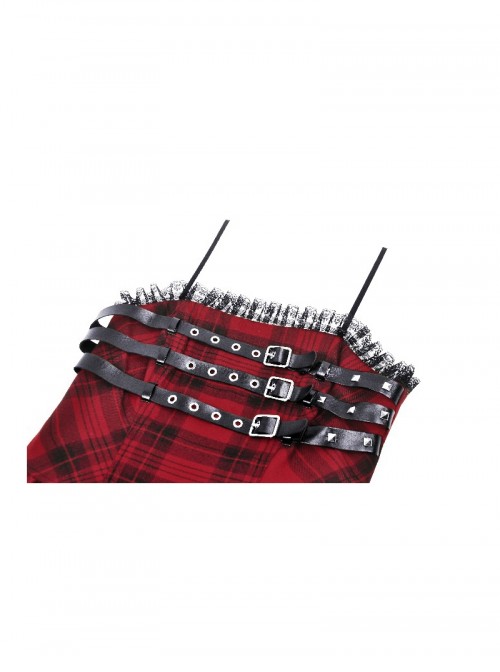 Red Cool Plaid Rock Leather Buckle Decorated Lace Splicing Steampunk Style Suspender Dress