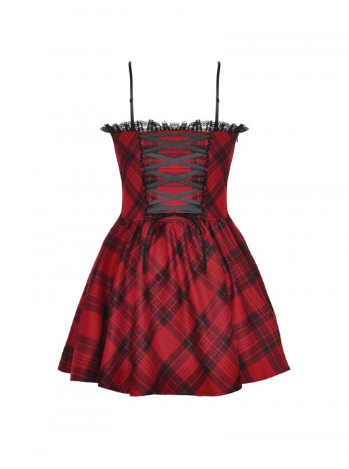 Red Cool Plaid Rock Leather Buckle Decorated Lace Splicing Steampunk Style Suspender Dress