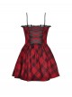Red Cool Plaid Rock Leather Buckle Decorated Lace Splicing Steampunk Style Suspender Dress