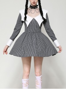 Black White Contrast Stripes Elegant Bat Collar Metal Cross Decoration Gothic Style Long Sleeve Dress