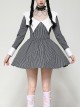 Black White Contrast Stripes Elegant Bat Collar Metal Cross Decoration Gothic Style Long Sleeve Dress