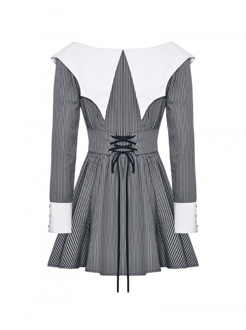 Black White Contrast Stripes Elegant Bat Collar Metal Cross Decoration Gothic Style Long Sleeve Dress