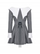 Black White Contrast Stripes Elegant Bat Collar Metal Cross Decoration Gothic Style Long Sleeve Dress