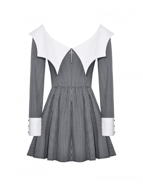 Black White Contrast Stripes Elegant Bat Collar Metal Cross Decoration Gothic Style Long Sleeve Dress