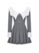Black White Contrast Stripes Elegant Bat Collar Metal Cross Decoration Gothic Style Long Sleeve Dress